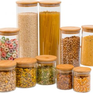 Kit 11 potes de vidro com tampa de bambu herméticos redondos - Tüd