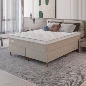 Cama Box Queen Size Umaflex Milão Bipartida com Revestimento em Malha + Colchão com Euro Pillow e Molas Ensacadas 30x158x198cm – Bege e Branca